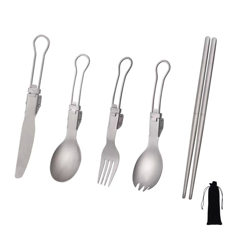 Outdoor Camping Utensils - 티타늄 접이식 식기 세트 (포크, 스푼,